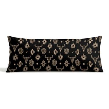 Imagem de TopXmai Boho Western Bull Skull Body Pillow Cover com zíper, decoração de quarto de casa ocidental, preto e dourado, cacto asteca do sudoeste, sol, 50 x 137 cm, fronha longa para sofá de quarto, A008