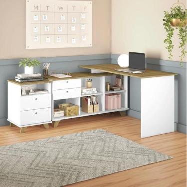 Imagem de Escrivaninha em L Retrô para Escritório Gold com Gaveteiro 2 Gavetas -