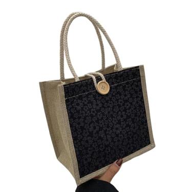 Imagem de Bolsa feminina, bolsa casual bordada personalizada Bento, sacolas de compras reutilizáveis, Preto