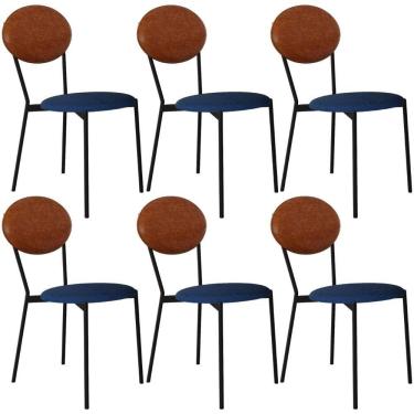 Imagem de Kit 06 Cadeiras Estofada Para Sala De Jantar Azuri Preto C01 Linho Azul Courino Caramelo - Lyam Decor
