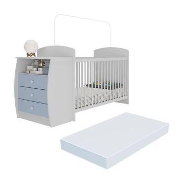 Imagem de Berço Cômoda Com Colchão Incluso Colinho De Mãe Multimóveis Branco Azul