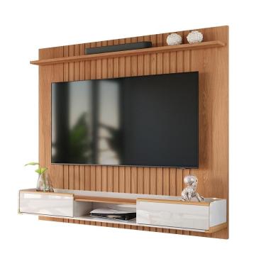 Imagem de Painel Ripado Atlas - Mdf 1 Prateleira, Espaço Para Tv Até 70" Jequitiba-off White - Lukaliam Móveis