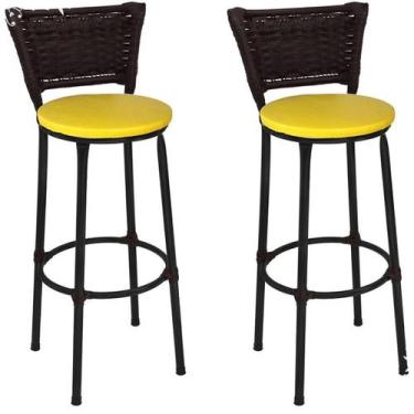 Imagem de Kit 2 Banquetas Altas Preta com Encosto Junco Argila Assento Amarelo -