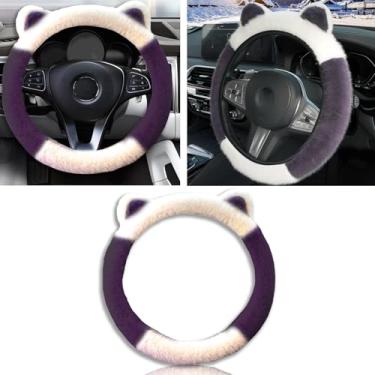 Imagem de Couslcd Capa de volante de carro, bonito protetor de volante com orelhas de gatinho, pelúcia macia e fofa para aquecer o inverno, ajuste universal de 38 cm para carro, SUV, elástico e antiderrapante