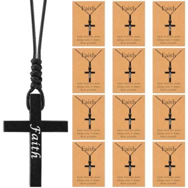 Imagem de Misdary Colares de cruz de fé de madeira com cartões, crucifixo a granel em cordão, pingente de cruz de madeira, versículo bíblico, cartão religioso, joias cristãs para homens, mulheres, igreja