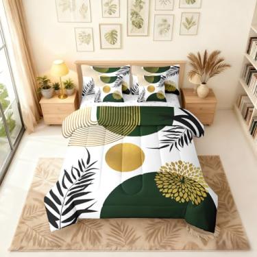 Imagem de Erosebridal Conjunto de cama king size boêmio em ouro verde, 7 peças, conjunto de edredom abstrato de meados do século com lençol para adultos, linha de arte geométrica estética, boêmio moderno