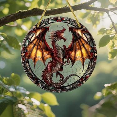 Imagem de Acrílico colorido Suncatcher, dragão de vitral rugindo 18 cm, decoração de parede de janela suspensa com design de vitral impresso, ideia de presente e ornamento de jardim, uso interno e externo