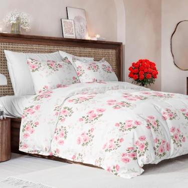 Imagem de Conjunto de capa de edredom queen size - capa de edredom floral extramacia 224 cm x 239 cm com 2 fronhas - Conjunto de cama floral confortável e respirável - Hotel luxuoso fácil de cuidar e não