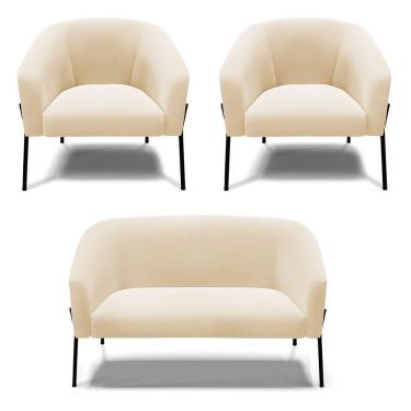 Imagem de Sofá Namoradeira E 2 Poltronas Pé De Ferro Preto Stella Suede Bege D03 - D'rossi