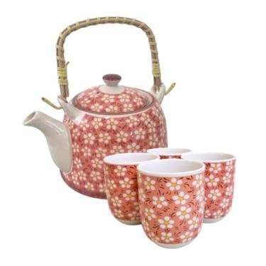Imagem de Bule de Chá em Porcelana com Infusor e Alça de Madeira + 4 Copos 150ml – Jogo de Chá Floral Decorativo(Floral Salmão)