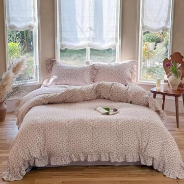 Imagem de BuLuTu Capa de edredom queen floral vintage roxa de algodão musselina, capa de edredom macia e leve para casa de fazenda, 228 x 228 cm, zíper e laços de canto, sem travesseiro