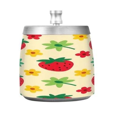 Imagem de Qilmy Cinzeiro de aço inoxidável padrão morango com tampa - Cinzeiro de cigarro à prova de vento sem cheiro sem fumaça para casa, escritório, carro, pátio, varanda (uso interno e externo)