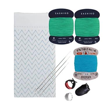 Imagem de DARUMA Kit Sashiko Hitomezashi – Kit de agulhas e fios premium feito em japonês com Sashiko Fukin, linha, agulhas, dedal – Conjunto pronto para usar (variedade de montanha)