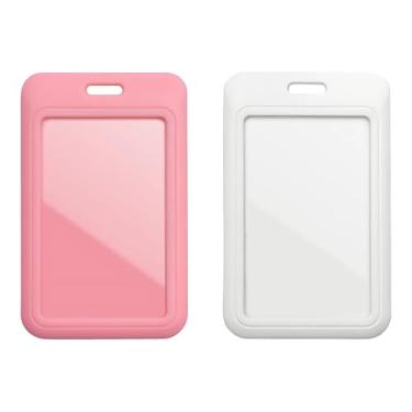Imagem de Lanyardio Pacote com 2 porta-crachás de identificação, suporte de cartão de identificação branco e rosa, porta-cartões de plástico deslizante vertical para escritório, escola, fábrica, professores e