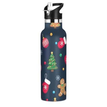 Imagem de Joisal Garrafas de água pretas para festivais de Natal com tampa de palha, garrafa de água de aço inoxidável isolada para meninas e meninos, copo de viagem de parede dupla à prova de vazamento de 590