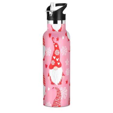 Imagem de Garrafa de água isolada de 590 ml com tampa e alça de palha, garrafas de água escolar a vácuo de parede dupla para meninas, copo de aço inoxidável sem BPA, lindo gnomo de Natal vermelho rosa