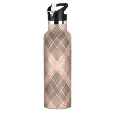 Imagem de Garrafa de água infantil de aço inoxidável para escola, tartan, linhas diagonais, cinza, rosa, 590 ml, à prova de vazamento, parede dupla, copo de viagem isolado com tampa de canudo