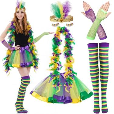 Imagem de SATINIOR Conjunto de 8 peças de fantasia de carnaval para mulheres, conjunto de fantasia de carnaval colorido, saia tutu de penas falsas, faixa de cabeça boá (impresso, médio)