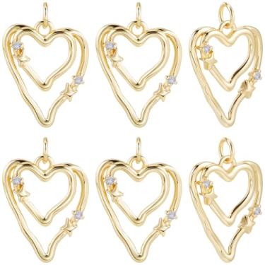 Imagem de Beebeecraft 1 caixa com 10 pingentes de coração vazado para fabricação de joias, zircônia cúbica banhada a ouro 18 K com pingente de estrela pingente de coração oco para pulseira, colar, brinco
