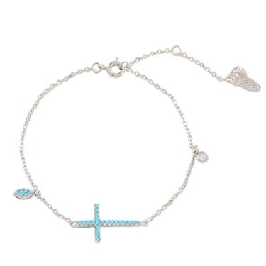 Imagem de Pulseira de cruz turquesa para mulheres, moderna, delicada, banhada a ouro 18 K, Faith com pingente de olho turco, pulseiras ajustáveis de elos de corrente de cristal de zircônia cúbica moderna joia