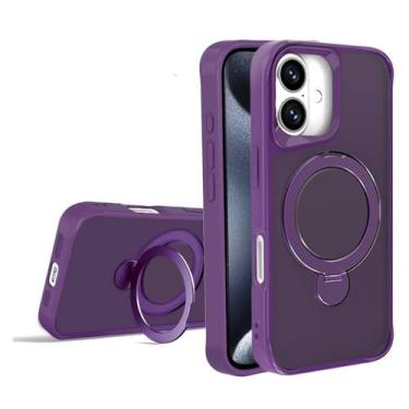 Imagem de Capa para iPhone 14 Pro com suporte magnético giratório 360° em metal e acabamento fosco na parte traseira, roxa.