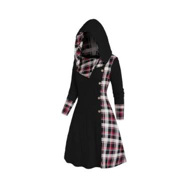 Imagem de Vestido Feminino De Malha Com Capuz E Estampa Xadrez, Cintura Alta, Ma