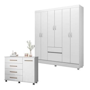 Imagem de Cômoda e Guarda Roupa Casal Flora Flash 2 7 Portas Giratórias 6 Gavetas em MDP Branco Flex