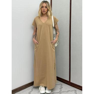 Imagem de Vestido Longo de Algodão com Bolso Decote V Caramelo-Feminino