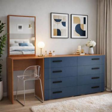Imagem de Cômoda Lisboa 8 Gavetas com Espelho Azul/Freijó - Politorno, Azul