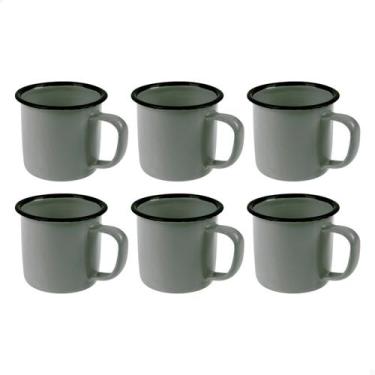 Imagem de Kit Jogo 6 Caneca Esmaltada 350ml Grande Chá Café Cinza Cozinha Metal 