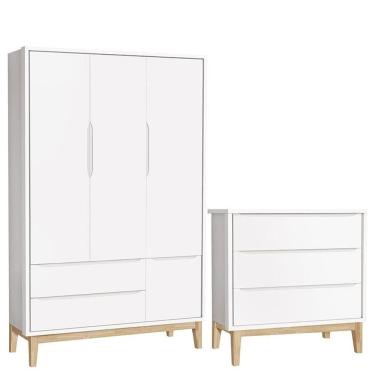 Imagem de Cômoda Gaveteiro e Guarda Roupa Infantil 3 Portas New Classic com Pés Madeira Natural - Reller
