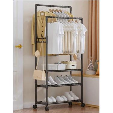 Imagem de Arara Dupla Metal Com 3 Níveis de Sapateira Regulável E Rodinha Organizador