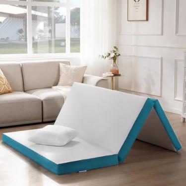 Imagem de SINWEEK Colchão dobrável de 10 cm de tamanho completo com um travesseiro, cama de hóspede dobrável de espuma viscoelástica, portátil, para acampar e dormir com capa de bambu lavável e bolsa de