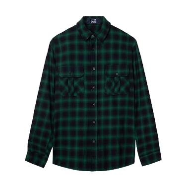 Imagem de LittleSpring Camisa xadrez masculina de flanela com botão e manga comprida, Verde, M
