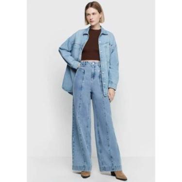 Imagem de Calça Jeans Dzarm Pantalona Cintura Alta Feminina-Feminino