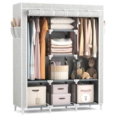 Imagem de VTRIN Roupeiro portátil para pendurar roupas com 2 varões de pendurar e 8 prateleiras organizadoras de armazenamento, suporte para roupas com capa, grande e resistente para quarto, estampado