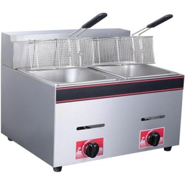 Imagem de 8l * 2 Fritadeira profissional de mesa a gás comercial de aço inoxidável, frango frito de grande capacidade e batatas fritas ao ar livre Propano GLP Fritadeira de tanque duplo, Fritadeira de
