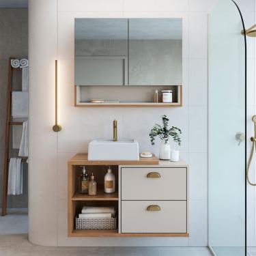 Imagem de Conjunto de Gabinete com Cuba Branca e Armário de Banheiro com Espelho Helena 2 PT 2 GV Mel e Arenas