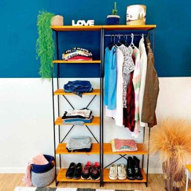 Imagem de Armário Arara Industrial Closet Completo Modular Slim de Ferro e Madei