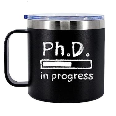 Imagem de Panvola Caneca de café isolada PhD in Progress Future Dr Doctor Student Graduation Gifts 400 ml com alça e tampa Aço inoxidável 304 canecas de viagem para acampamento - Preto