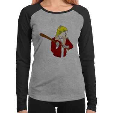 Imagem de Baby Look Raglan Baseball Girl Manga Longa - Foca na Moda, Cinza, Pret