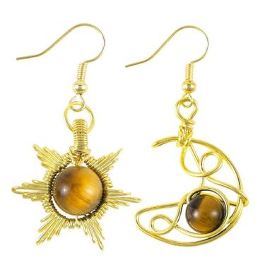 Imagem de Nupuyai Brincos femininos com pingente de cristal gótico boho de sol e lua, fio de cobre assimétrico, sol, lua, pedra, Cobre Cobre Olho de tigre, Pedra de cristal olho de tigre