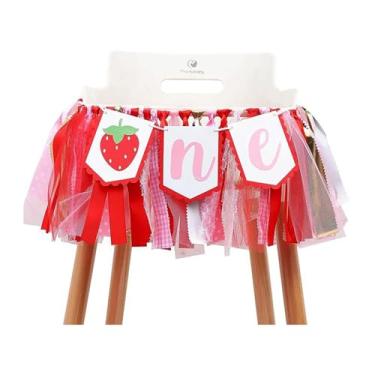 Imagem de LOONELO Faixa de cadeira alta de 1º aniversário de morango, decoração de guirlanda de cadeira alta com tema de morango para festa de primeiro aniversário, decoração de frutas doces para pano de fundo