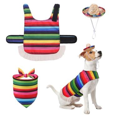 Imagem de SCENEREAL Fantasia de cachorro mexicano Serape, chapéu sombrero para cães, bandana de animal de estimação, fantasia poncho de cachorro engraçado com chapéu de cowboy para cães pequenos e médios,