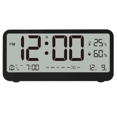Imagem de Relógio de Parede Digital LED Com Display de Temperatura e Umidade, Alarmes Duplos, Soneca, Números Grandes e Claros, Adequado para Idosos (Com Modo de Iluminação noturna) (Preto)
