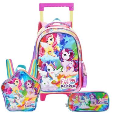 Imagem de Kit Mochila De Rodinhas Lancheira Estojo Unicórnio Rainbow
