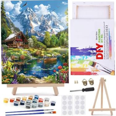 Imagem de MaiMMaledy Kit de pintura por números para adultos iniciantes 20 x 30 cm de comprimento com pintura de desenho emoldurado funciona com cavalete triangular de madeira, pigmento acrílico, cabana de