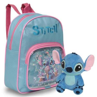 Imagem de Kit Mochila Stitch Feminina Azul + Urso de Pelúcia Pequeno - Plike