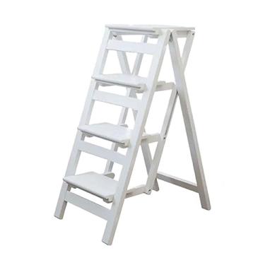 Imagem de Escada dobrável para adultos/escadas/suporte de plantas, banquinho de madeira portátil dobrável em 4 degraus, antiderrapante e leve, banco dobrável com capacidade de 150 kg (branco)