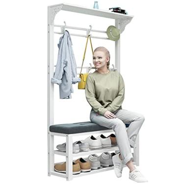 Imagem de Cabide de entrada para sapateira 3 em 1, banco de árvore, com prateleiras de 2 níveis e almofada de assento, organizador de banco de armazenamento de sapatos para quarto, corredor, sala de estar